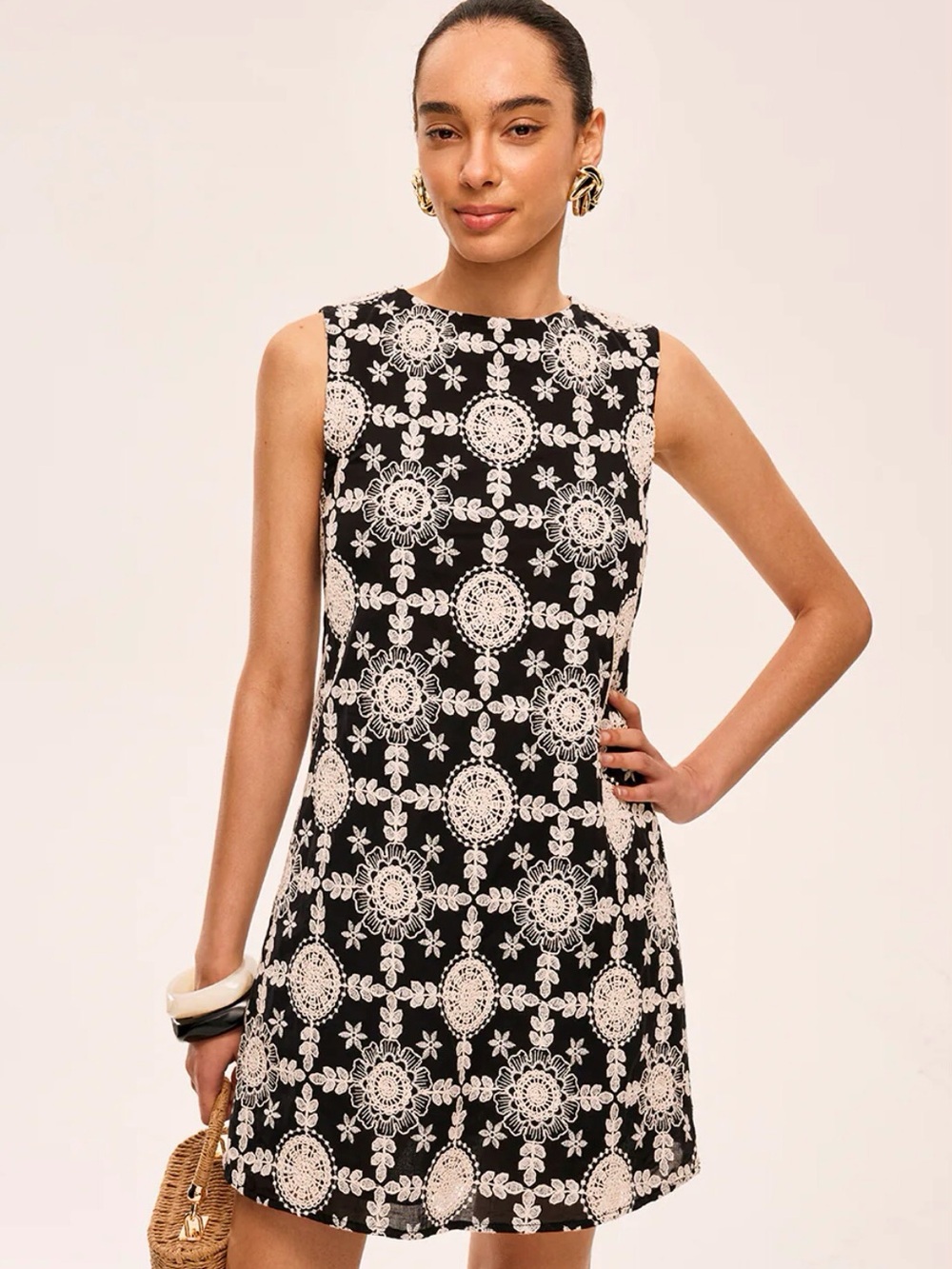 Commense Black Mini Dress with White Floral Crochet Motif - NEW WITH TAGS